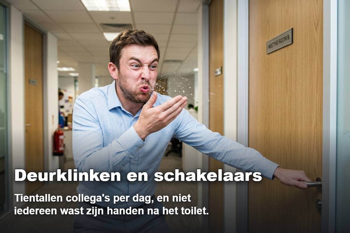 Deurklinken en lichtschakelaars op kantoor worden door tientallen collega's per dag aangeraakt en zelden ontsmet