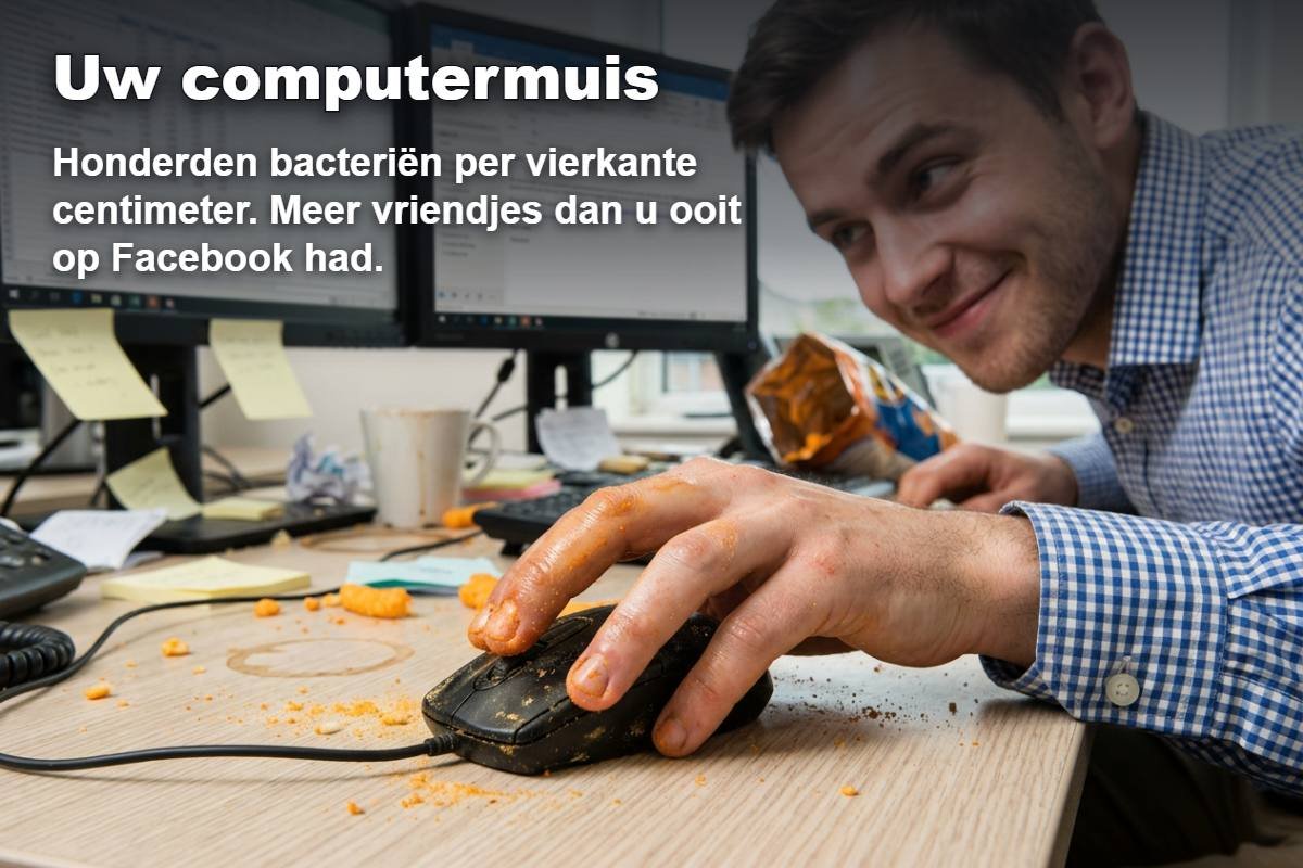 De computermuis wordt urenlang vastgehouden en zelden gereinigd, ondanks honderden bacteriën per vierkante centimeter