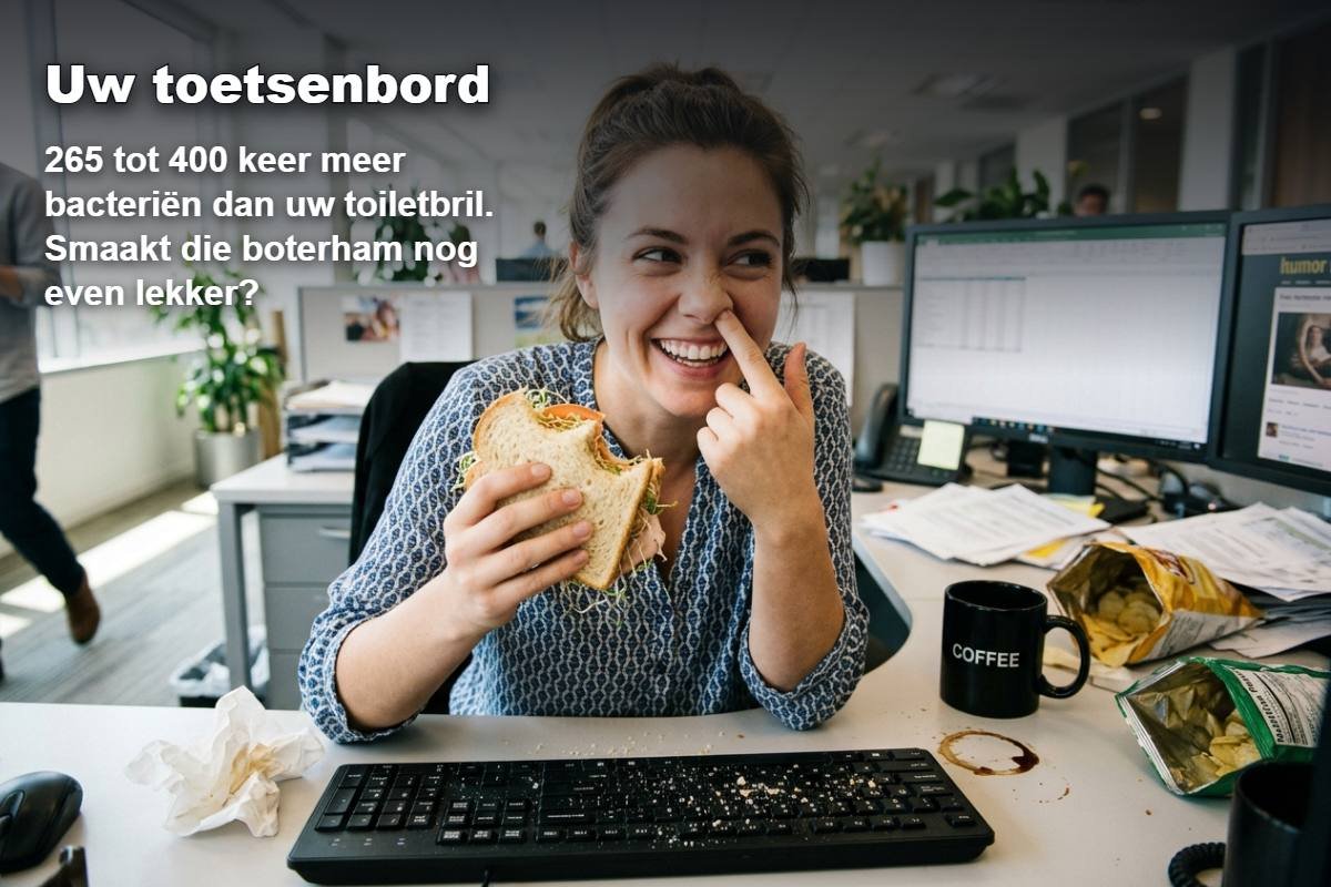 Een toetsenbord kan tot 400 keer meer bacteriën bevatten dan een toiletbril, vooral door kruimels en gemorst eten